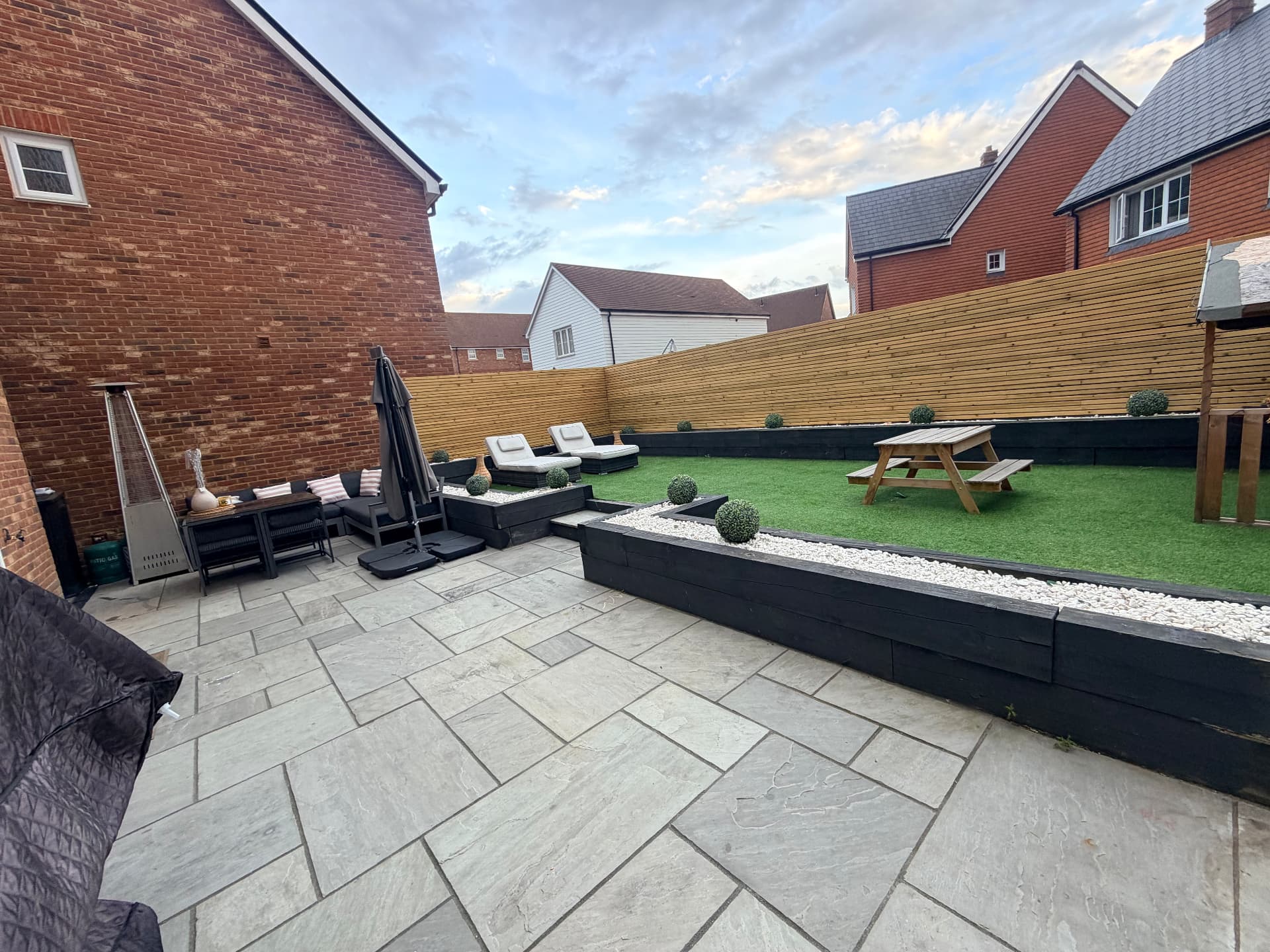 Complete garden makeover with timber fencing, paved patio and raised beds