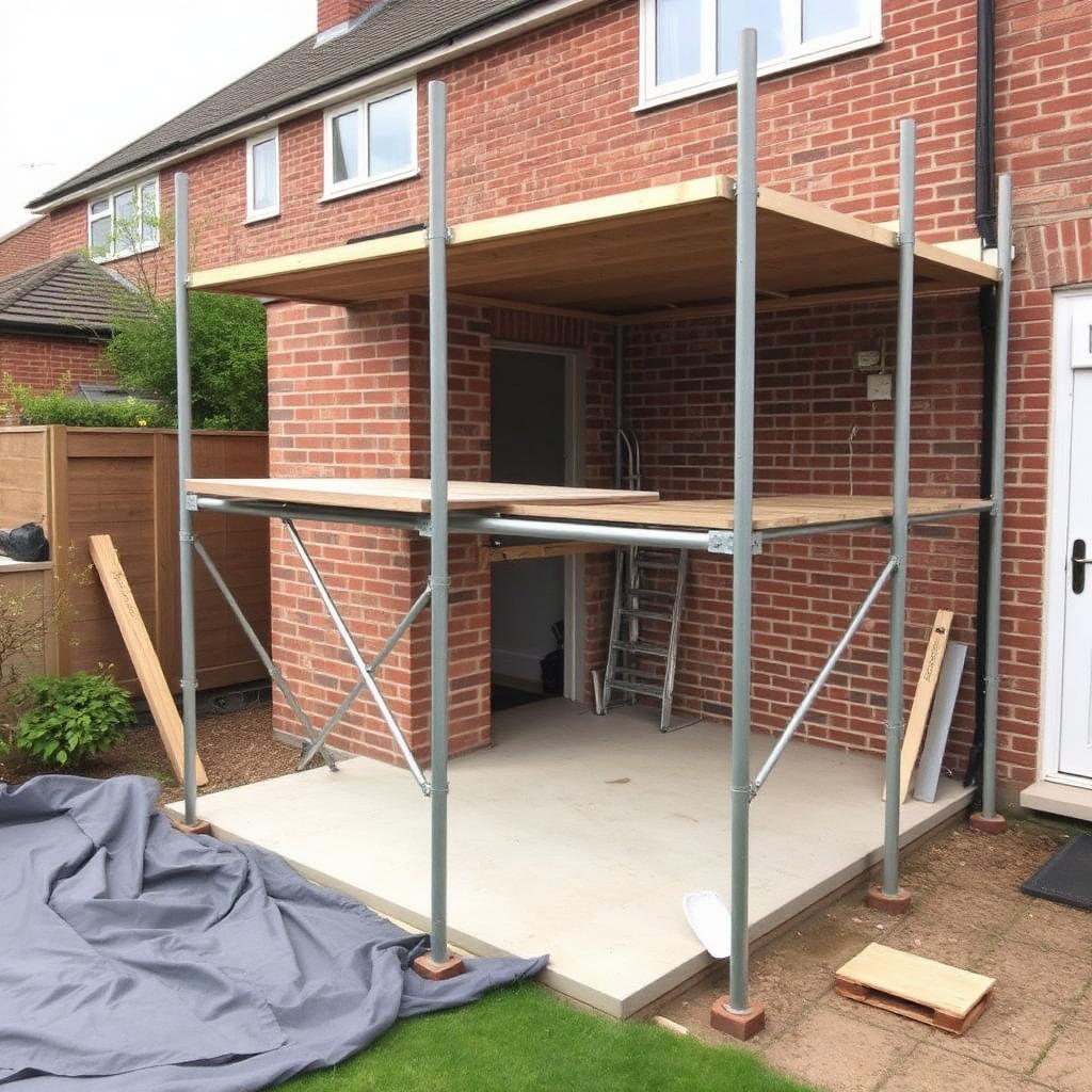 Professional garden building project with clean scaffolding
