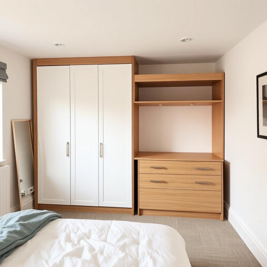 Neatly assembled flat-pack wardrobe and drawers in a tidy bedroom