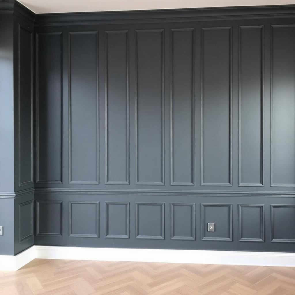Dark shaker-style wall panelling in a modern living room